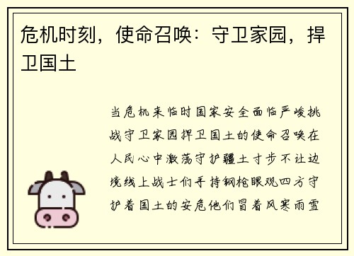 危机时刻，使命召唤：守卫家园，捍卫国土