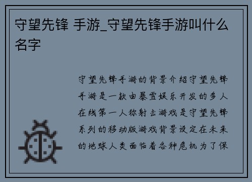 守望先锋 手游_守望先锋手游叫什么名字