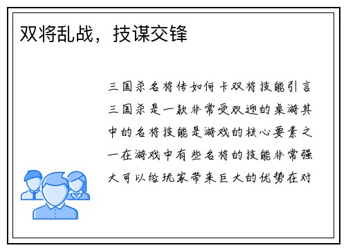双将乱战，技谋交锋