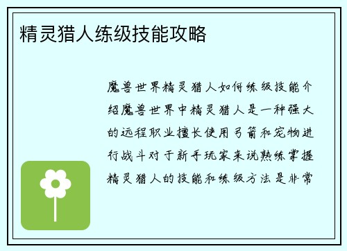 精灵猎人练级技能攻略