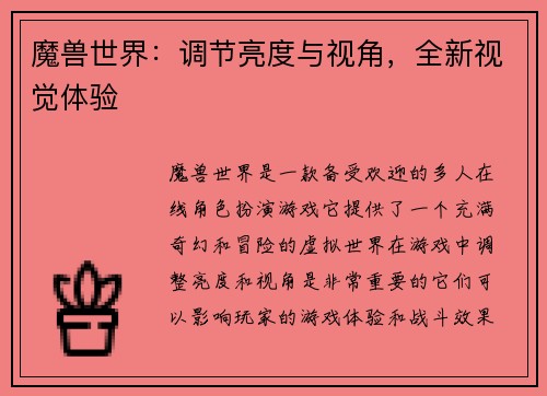魔兽世界：调节亮度与视角，全新视觉体验