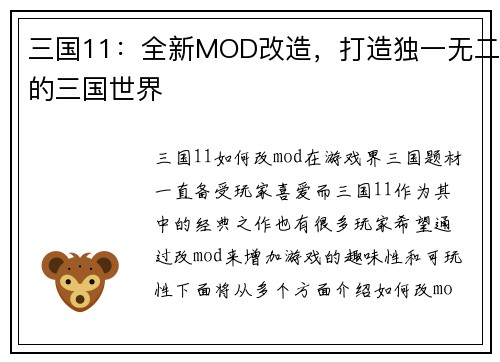 三国11：全新MOD改造，打造独一无二的三国世界